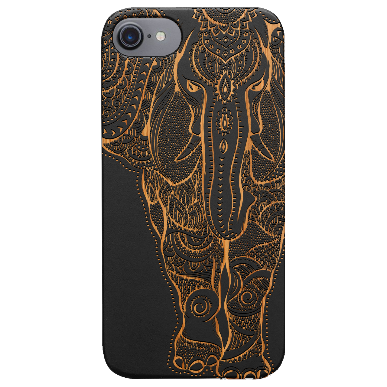 Elephant 2 - Engraved wooden phone case showcasing intricate laser-engraved designs and natural wood finish.