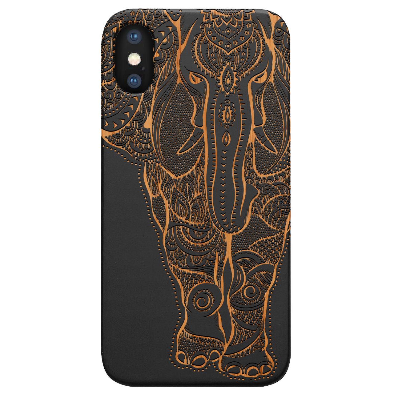 Elephant 2 - Engraved wooden phone case showcasing intricate laser-engraved designs and natural wood finish.