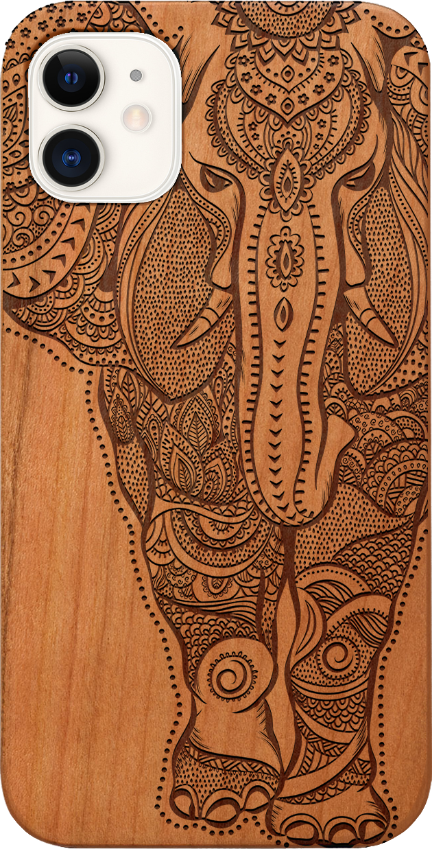 Elephant 2 - Engraved wooden phone case showcasing intricate laser-engraved designs and natural wood finish.