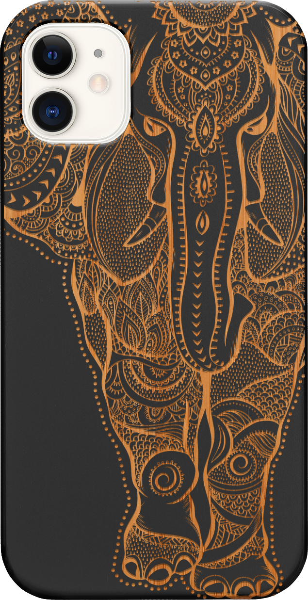 Elephant 2 - Engraved wooden phone case showcasing intricate laser-engraved designs and natural wood finish.