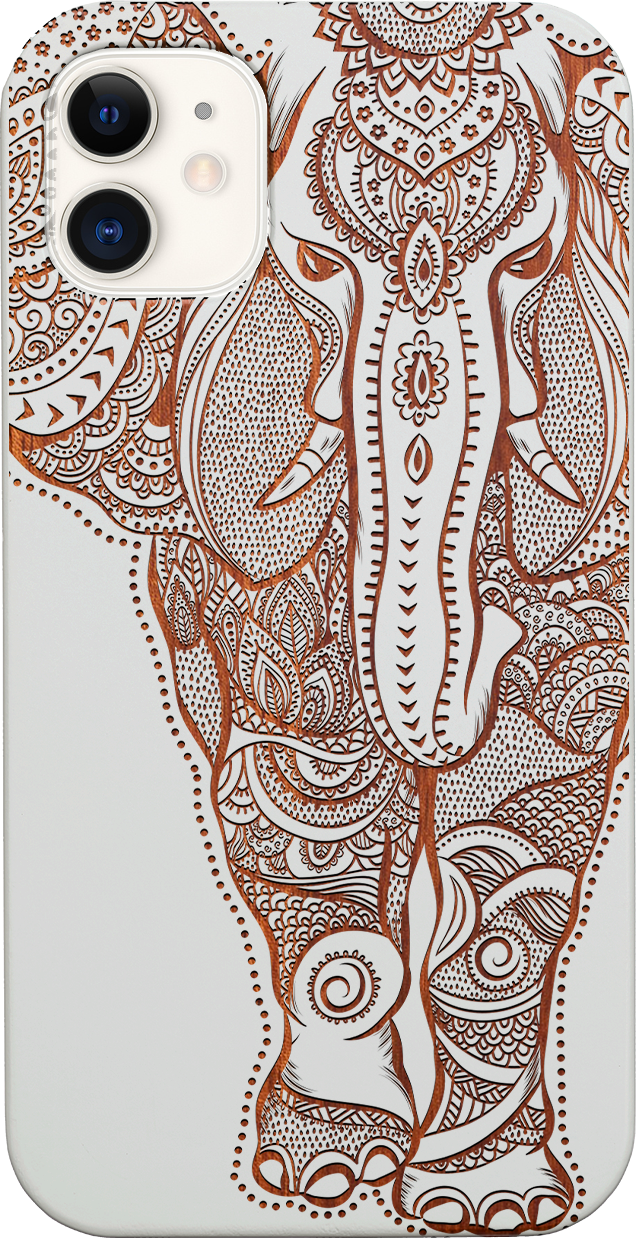 Elephant 2 - Engraved wooden phone case showcasing intricate laser-engraved designs and natural wood finish.