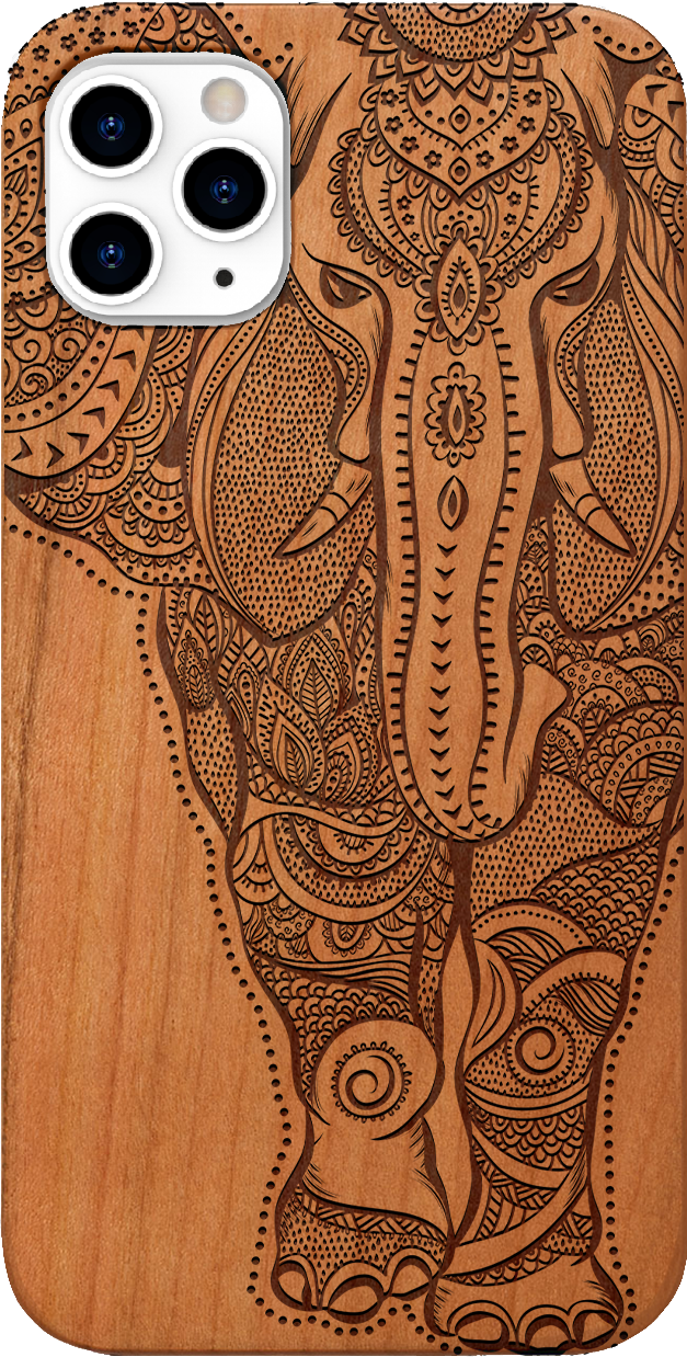 Elephant 2 - Engraved wooden phone case showcasing intricate laser-engraved designs and natural wood finish.