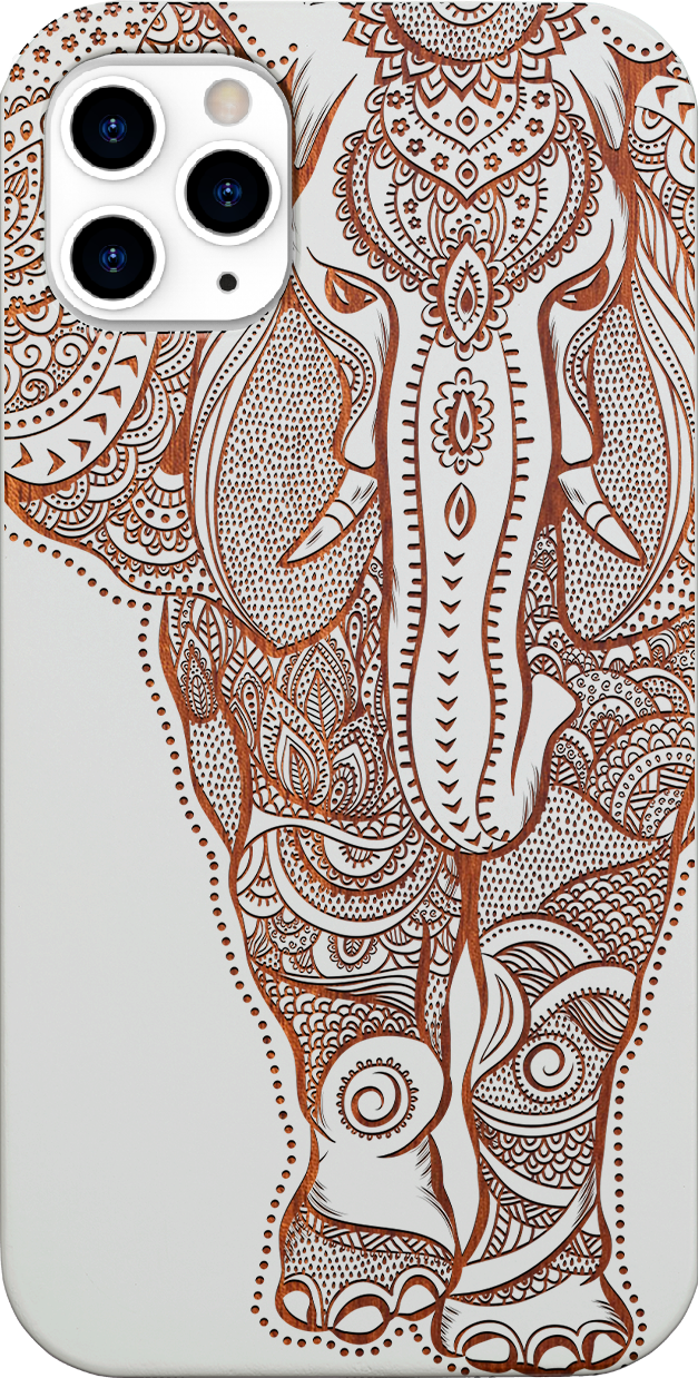 Elephant 2 - Engraved wooden phone case showcasing intricate laser-engraved designs and natural wood finish.