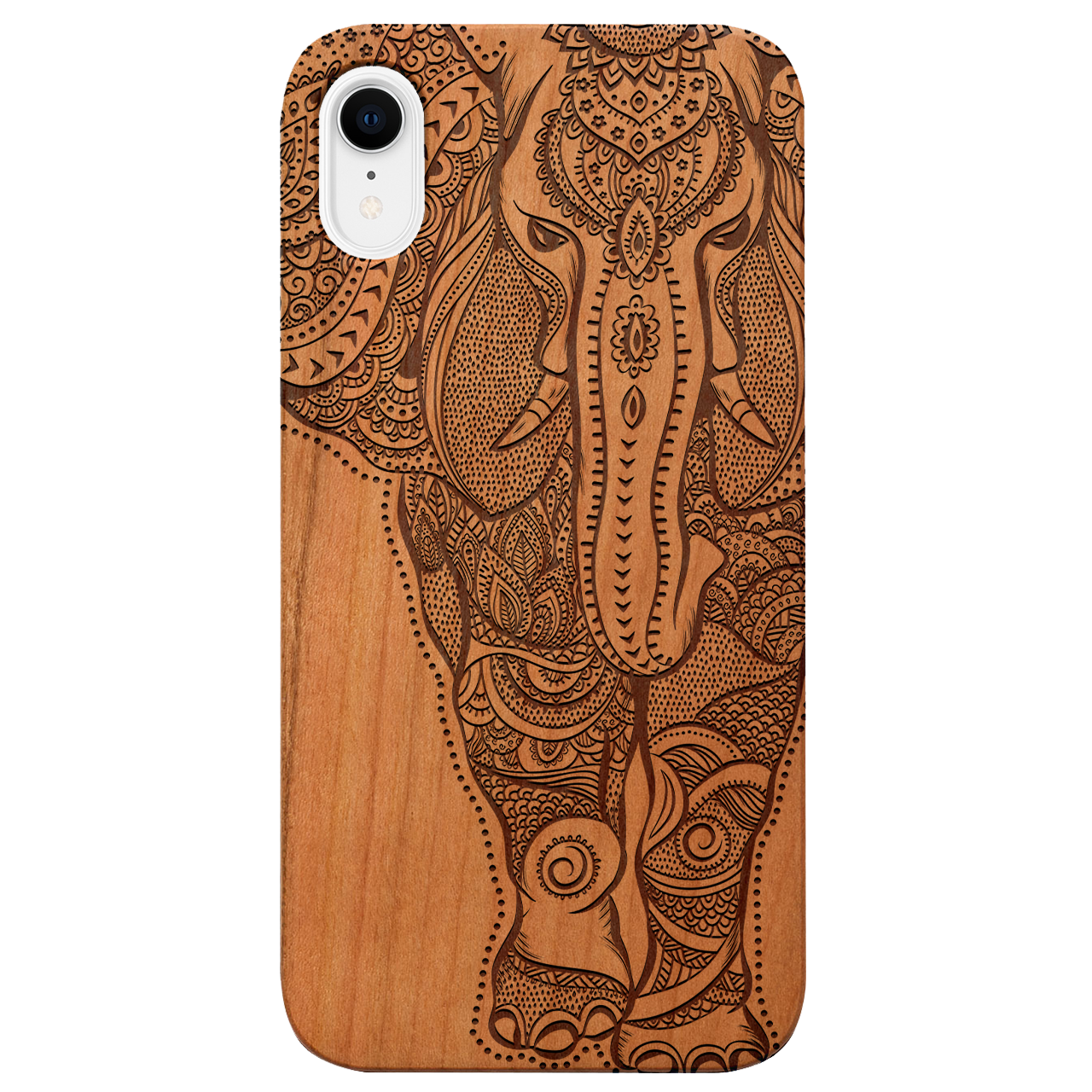 Elephant 2 - Engraved wooden phone case showcasing intricate laser-engraved designs and natural wood finish.