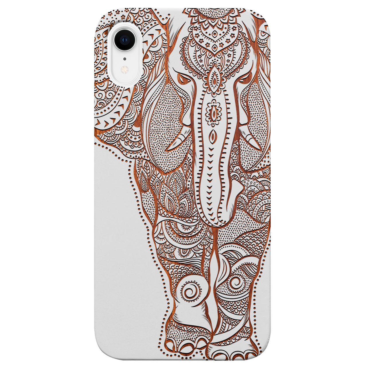 Elephant 2 - Engraved wooden phone case showcasing intricate laser-engraved designs and natural wood finish.