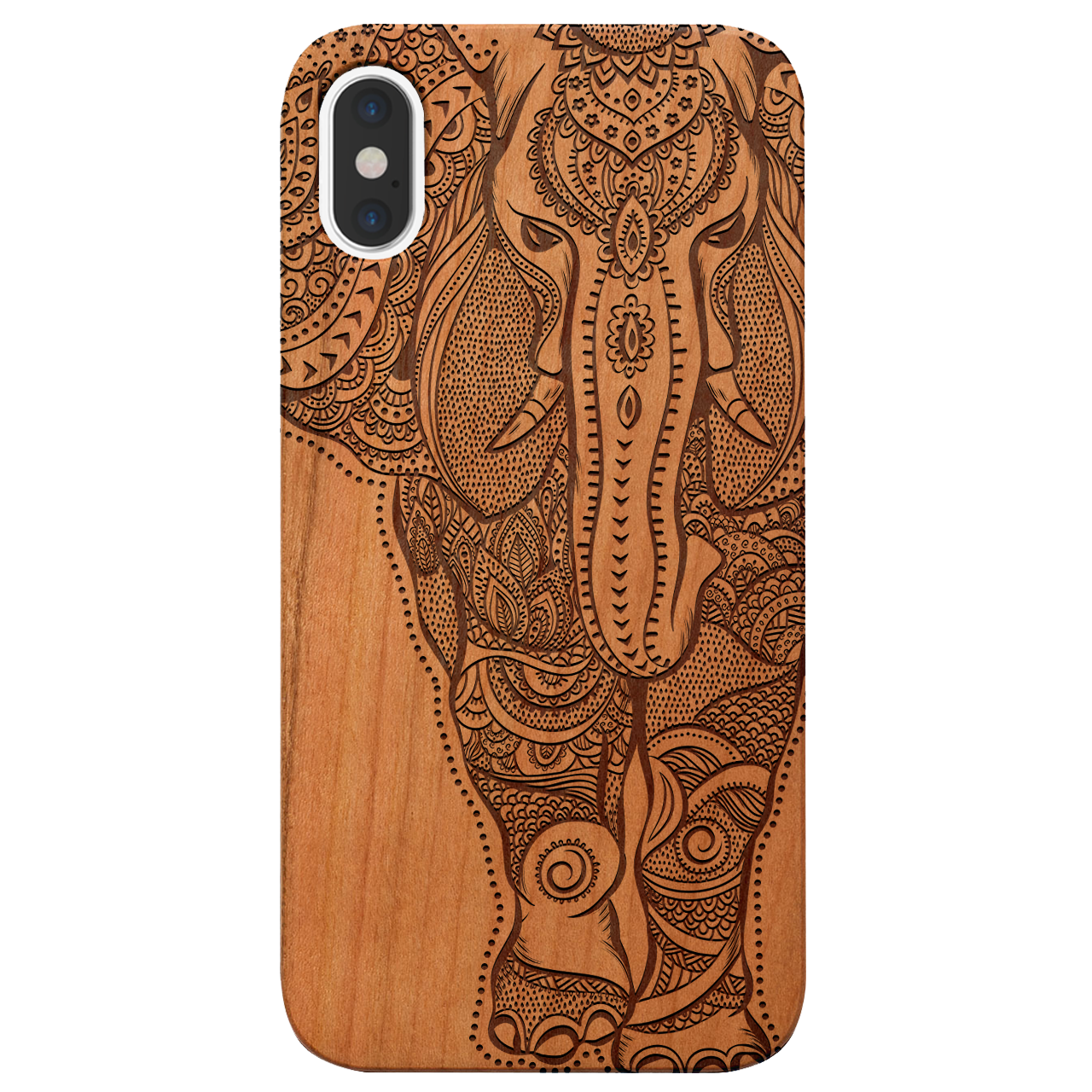 Elephant 2 - Engraved wooden phone case showcasing intricate laser-engraved designs and natural wood finish.