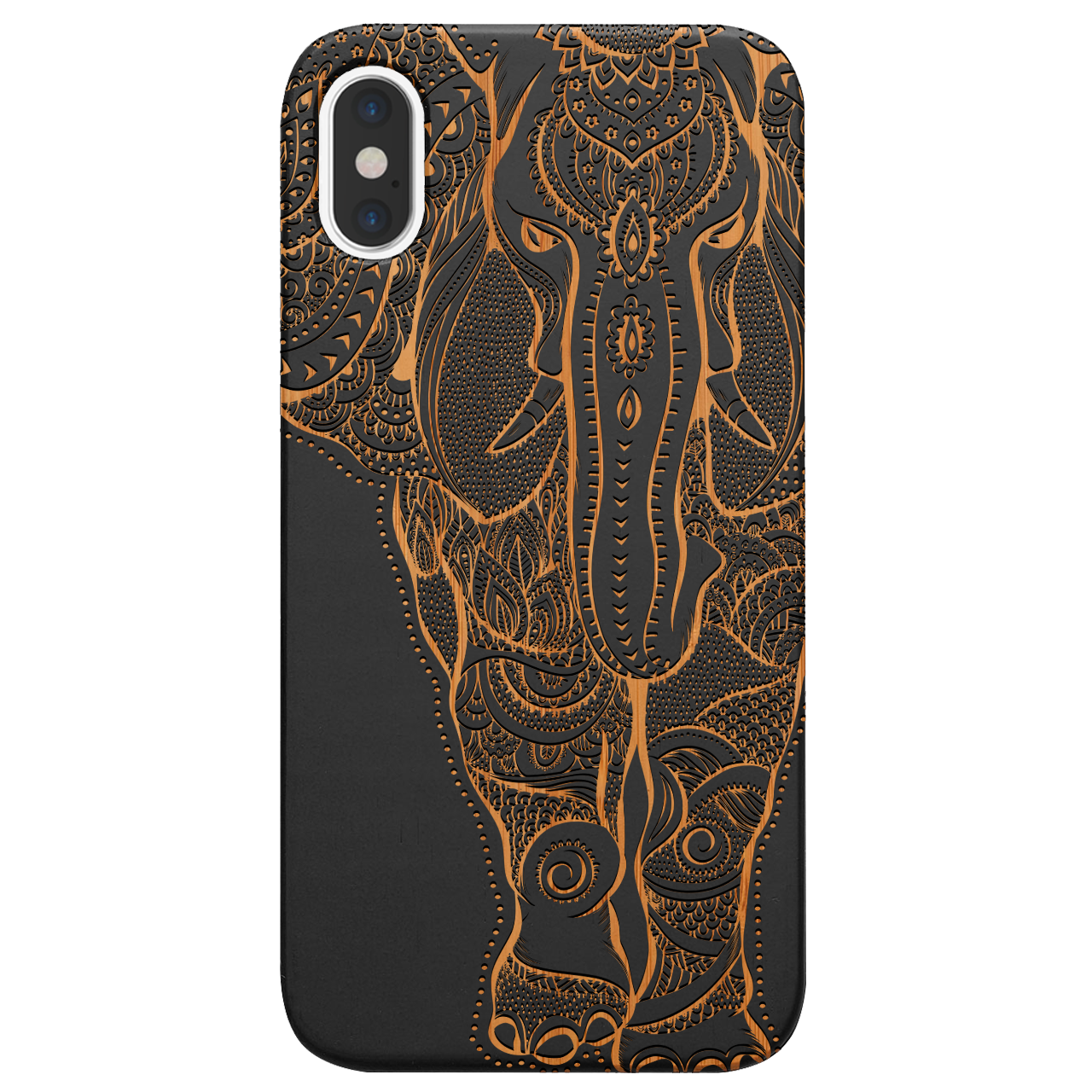 Elephant 2 - Engraved wooden phone case showcasing intricate laser-engraved designs and natural wood finish.