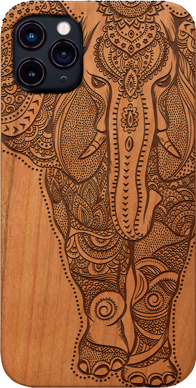 Elephant 2 - Engraved wooden phone case showcasing intricate laser-engraved designs and natural wood finish.