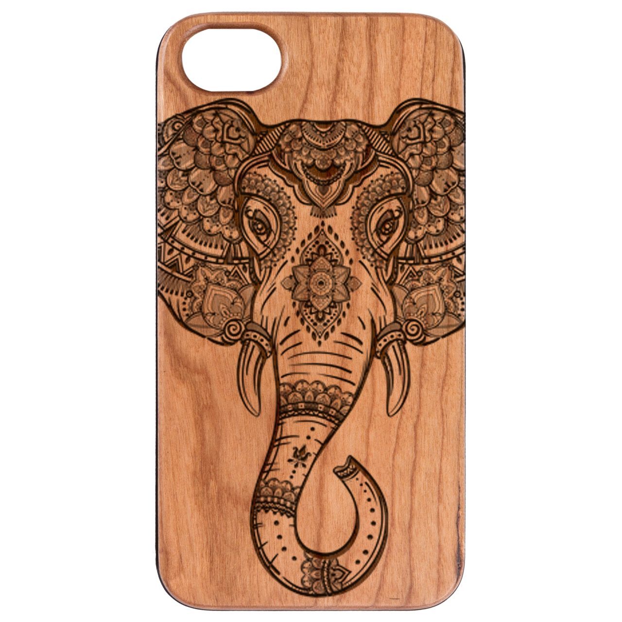 Elephant Head 1 - Engraved wooden phone case showcasing unique design and natural wood finish.