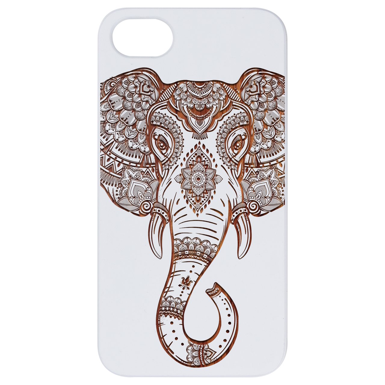 Elephant Head 1 - Engraved wooden phone case showcasing unique design and natural wood finish.