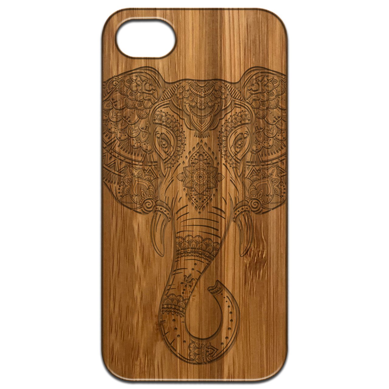 Elephant Head 1 - Engraved wooden phone case showcasing unique design and natural wood finish.