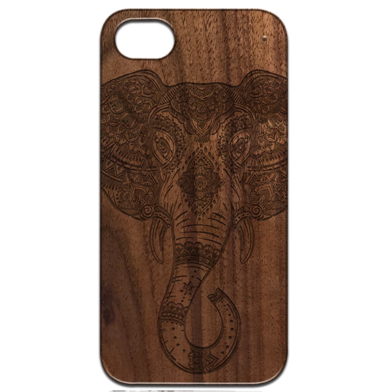 Elephant Head 1 - Engraved wooden phone case showcasing unique design and natural wood finish.