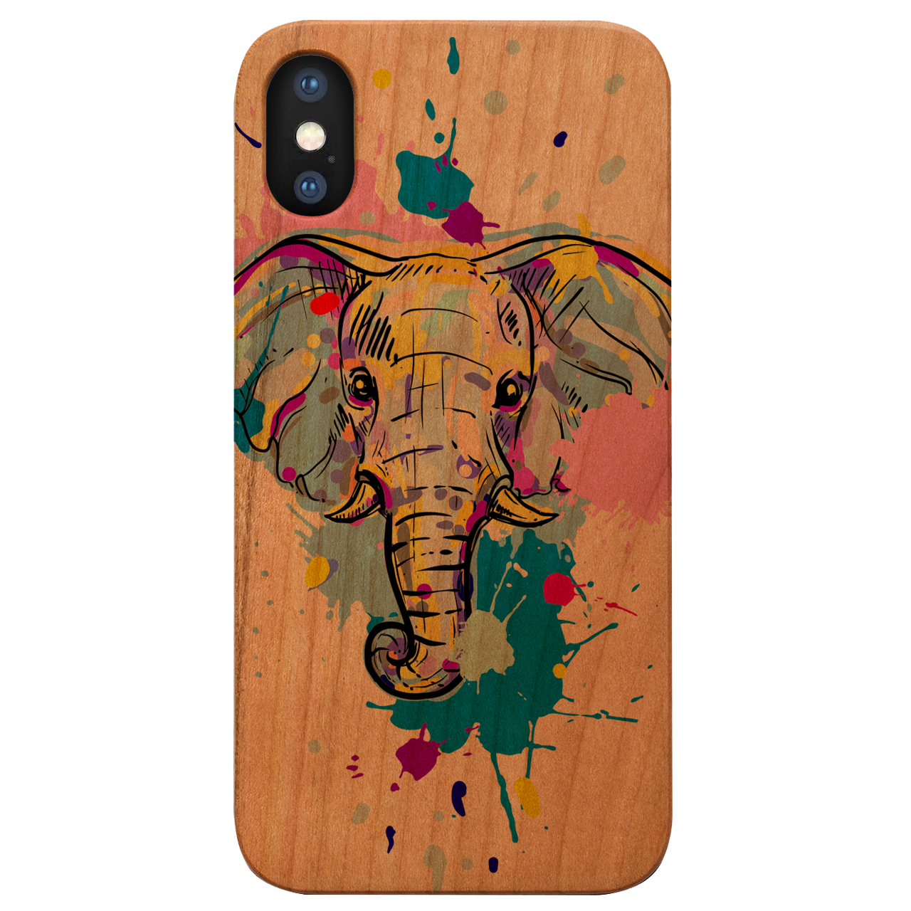 Elephant Head 1 phone case featuring UV color printed design on natural wood surface, showcasing durability and style.