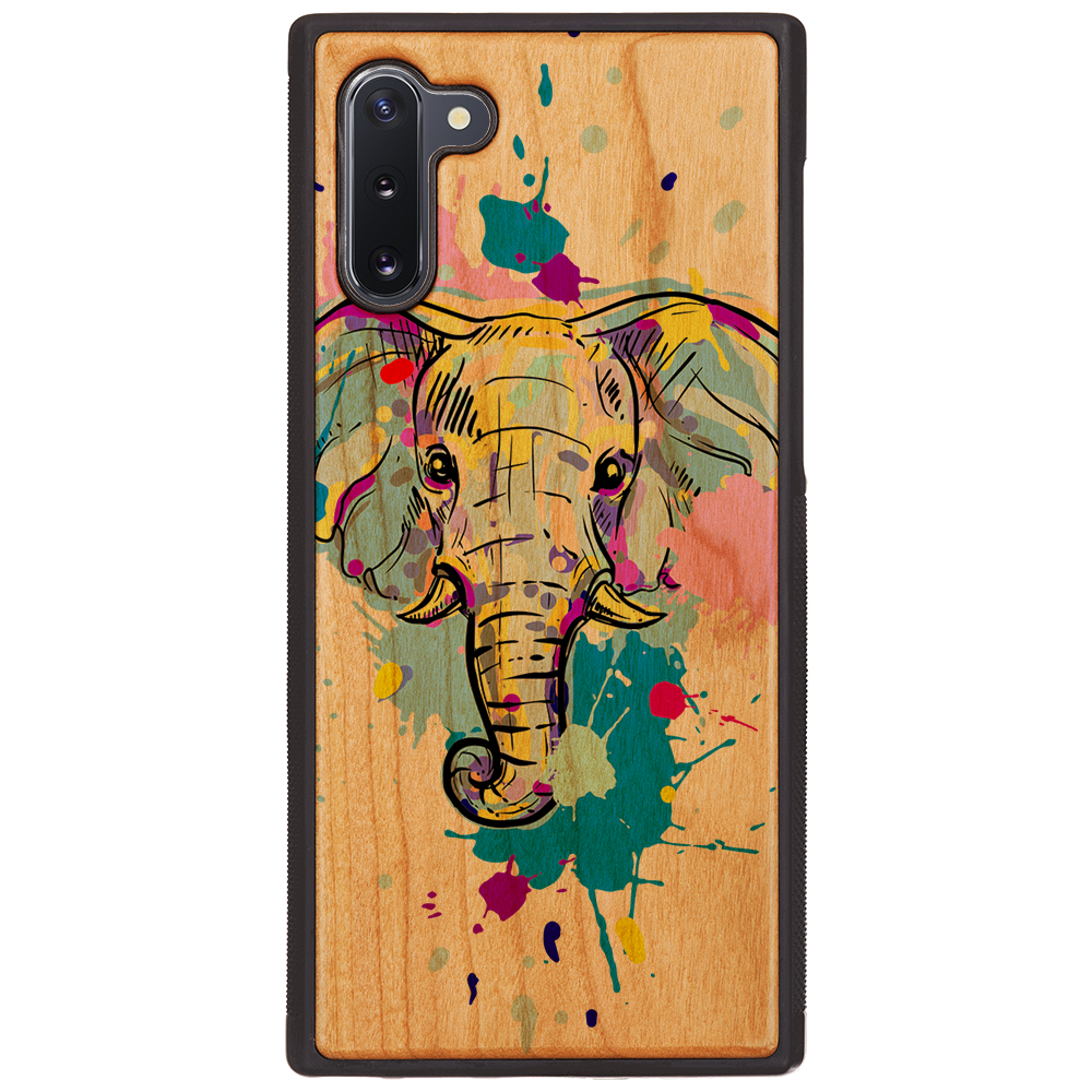 Elephant Head 1 phone case featuring UV color printed design on natural wood surface, showcasing durability and style.