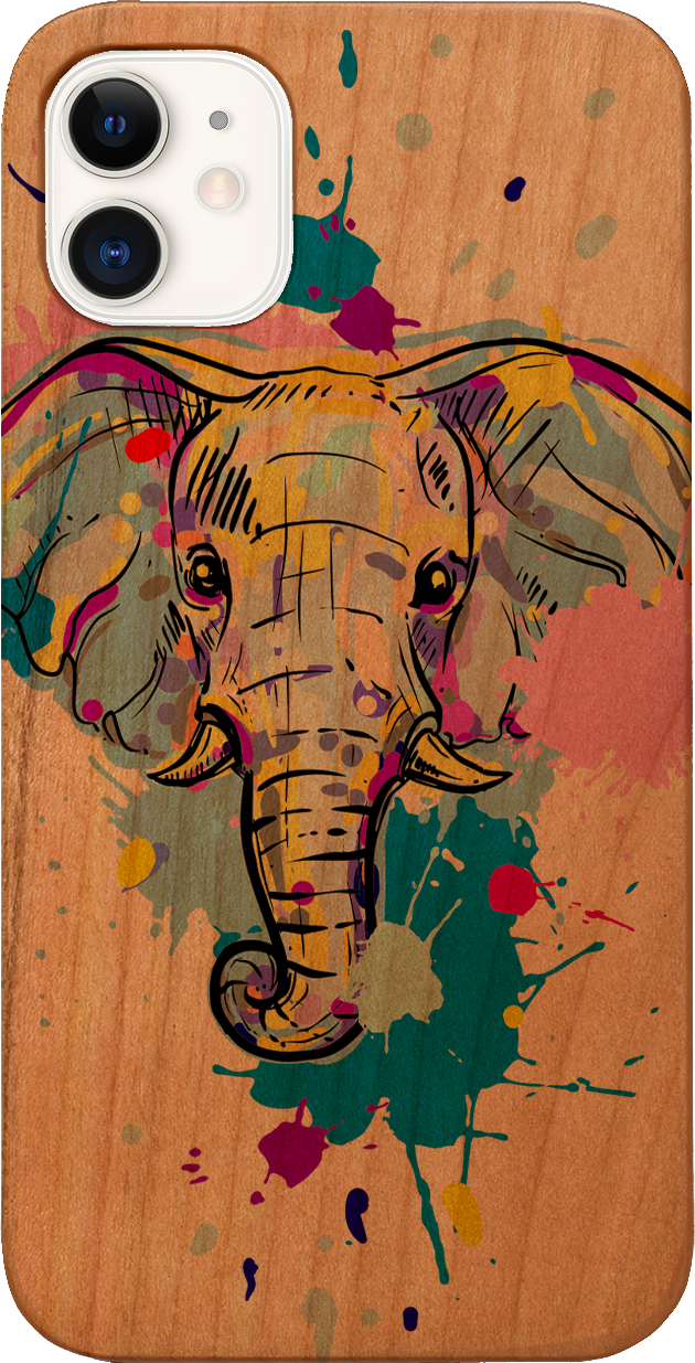 Elephant Head 1 phone case featuring UV color printed design on natural wood surface, showcasing durability and style.