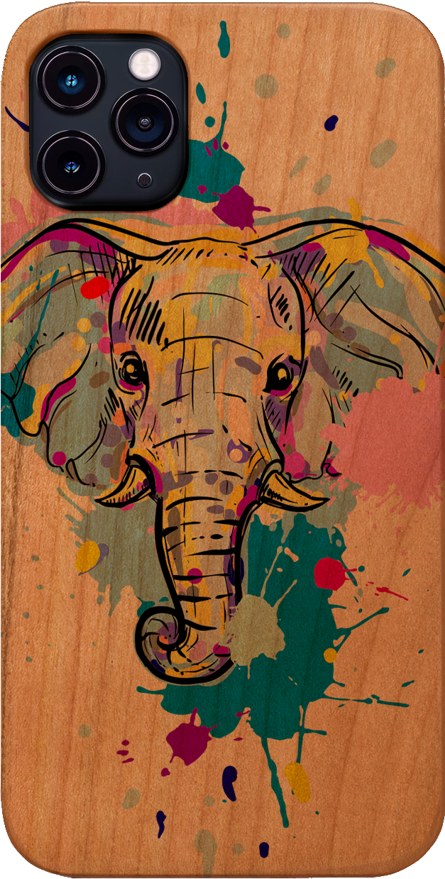 Elephant Head 1 phone case featuring UV color printed design on natural wood surface, showcasing durability and style.