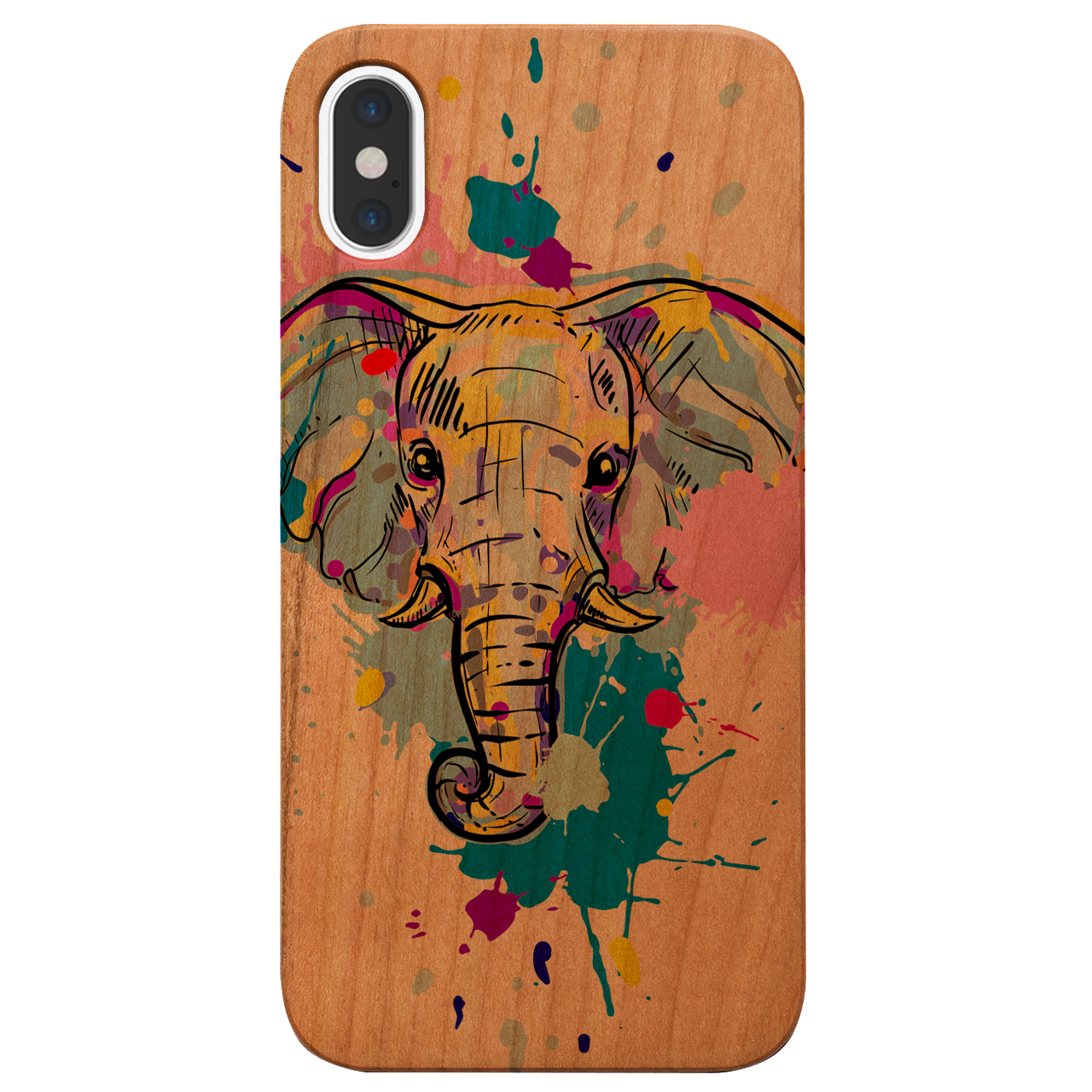 Elephant Head 1 phone case featuring UV color printed design on natural wood surface, showcasing durability and style.