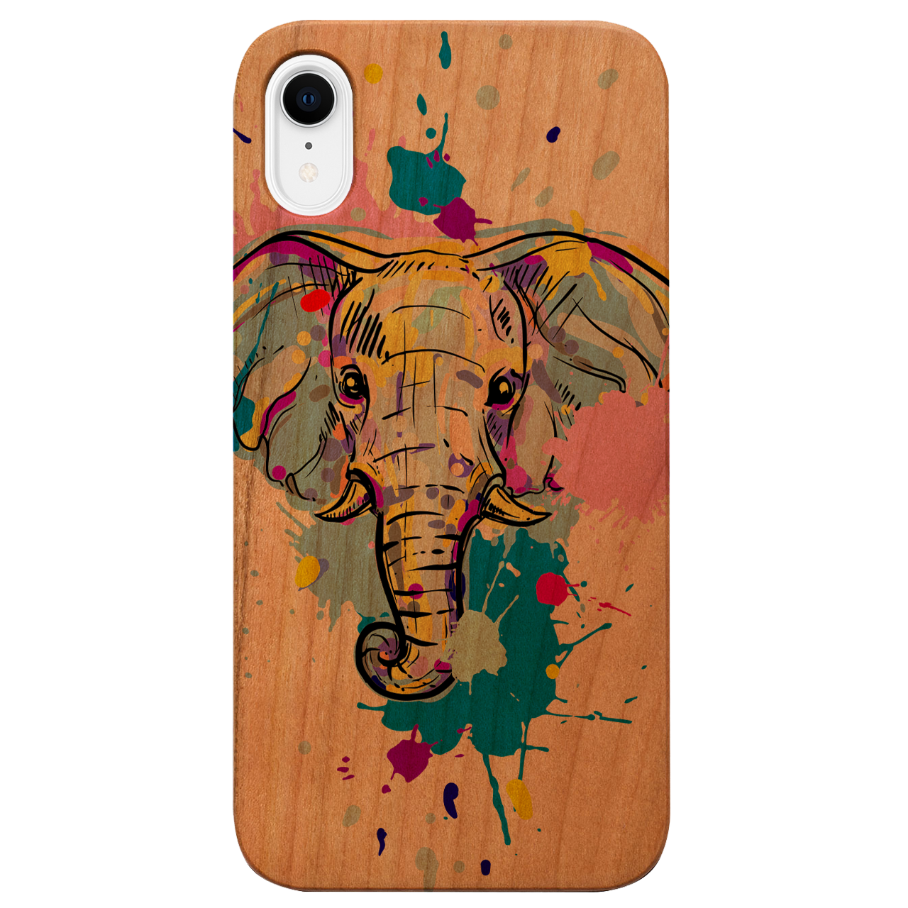 Elephant Head 1 phone case featuring UV color printed design on natural wood surface, showcasing durability and style.