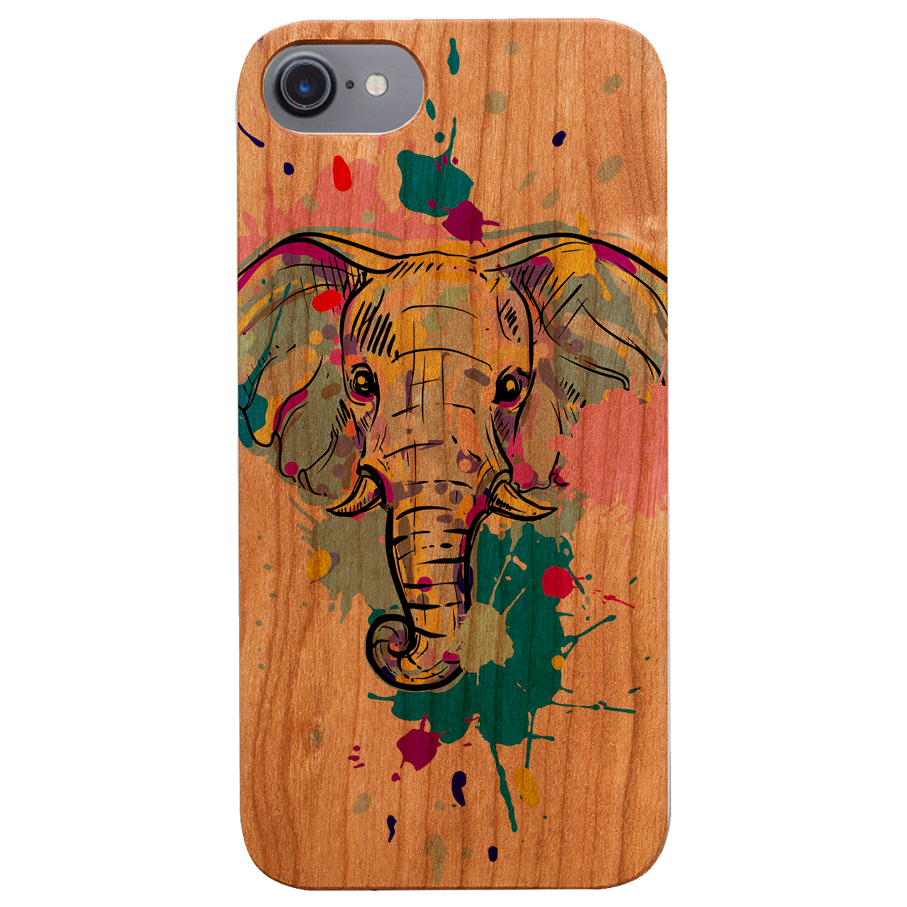 Elephant Head 1 phone case featuring UV color printed design on natural wood surface, showcasing durability and style.