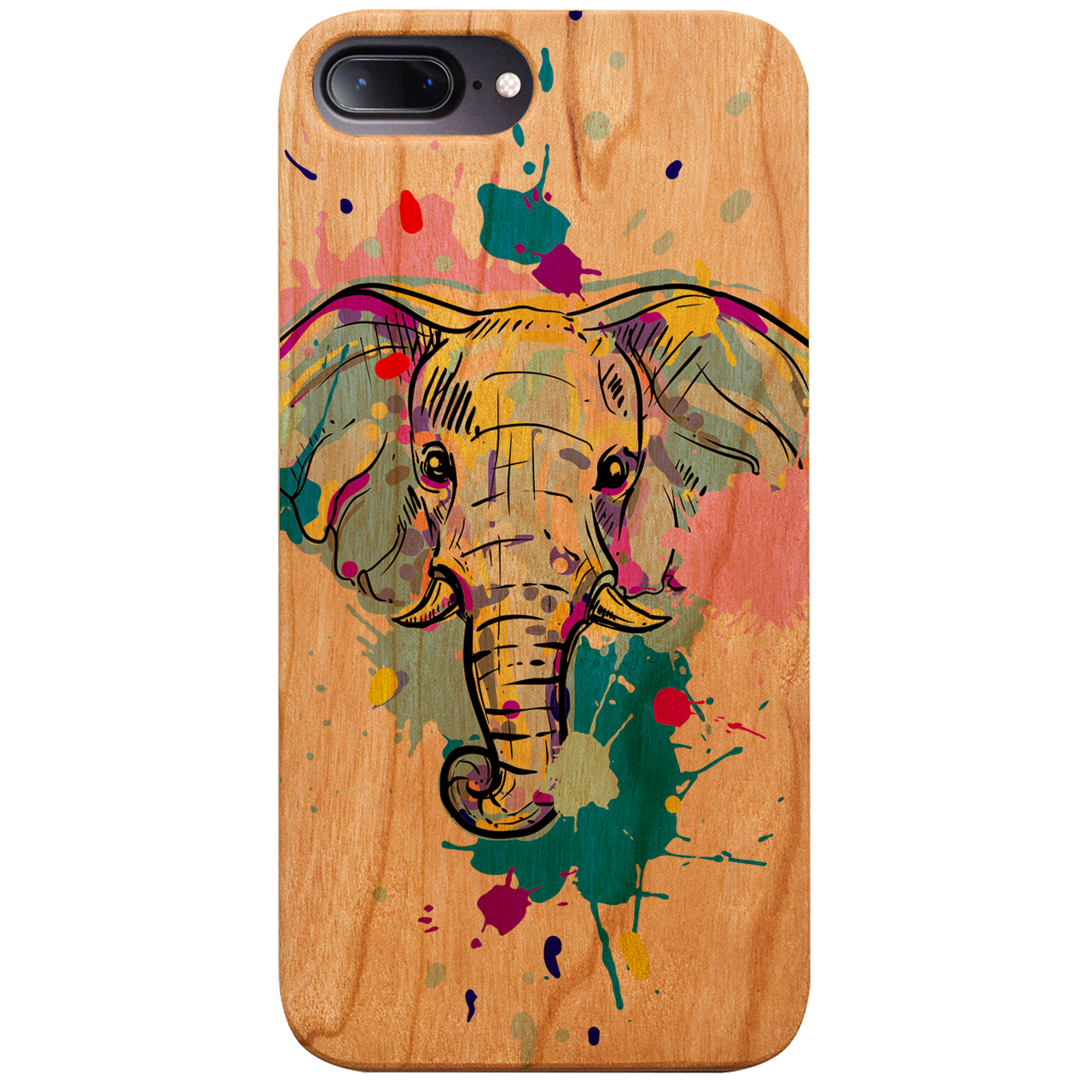 Elephant Head 1 phone case featuring UV color printed design on natural wood surface, showcasing durability and style.