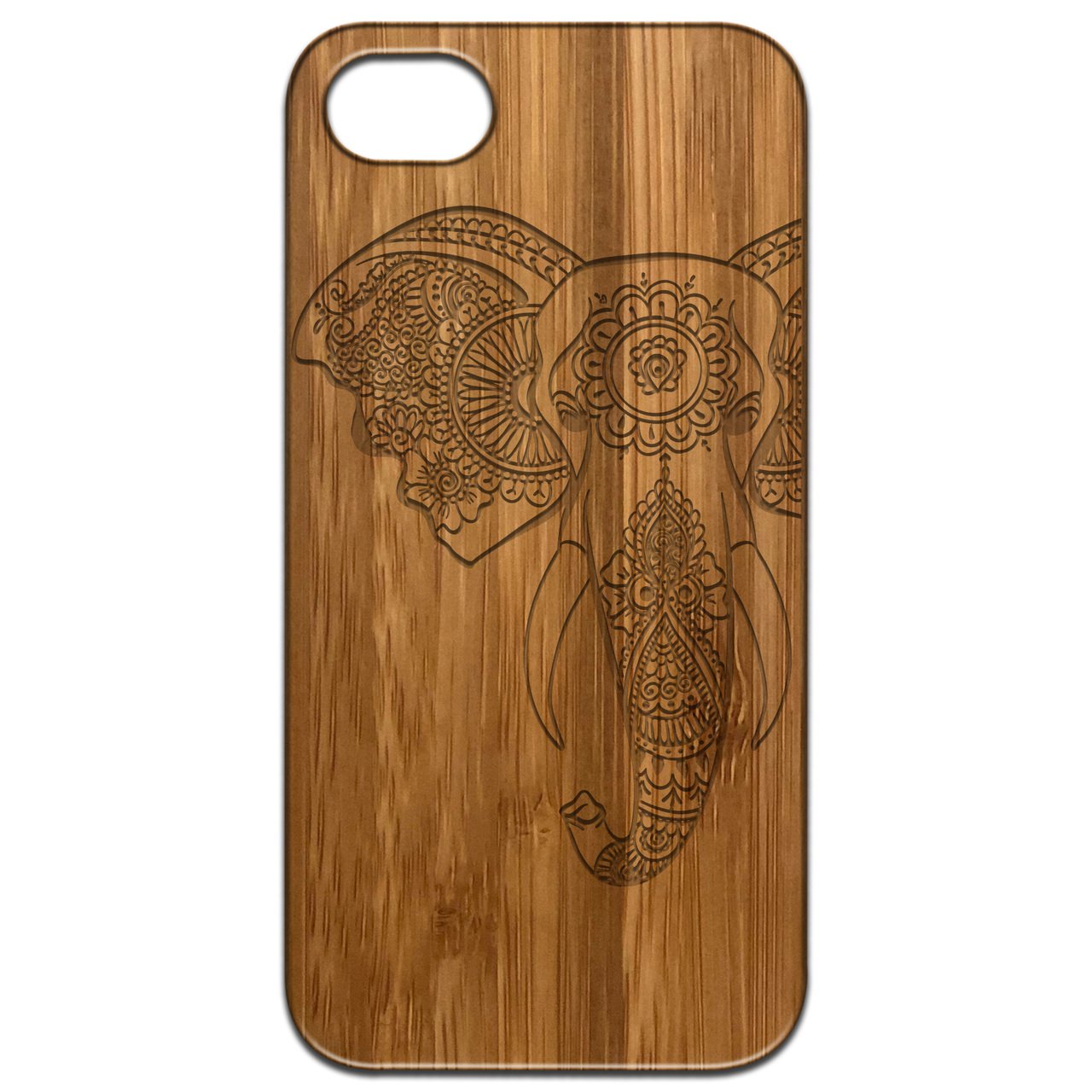 Elephant Head 2 - Engraved wooden phone case showcasing intricate laser engraving and natural wood finish.