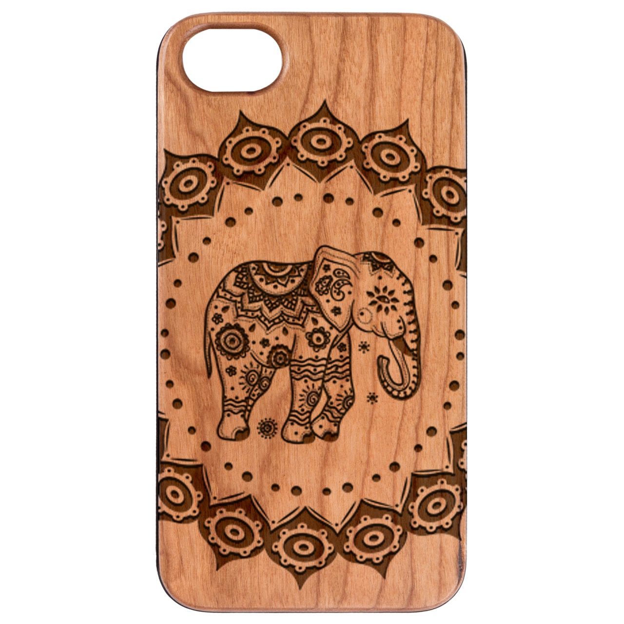 Elephant Mandala 1 - Engraved wooden phone case showcasing intricate design and durable construction.