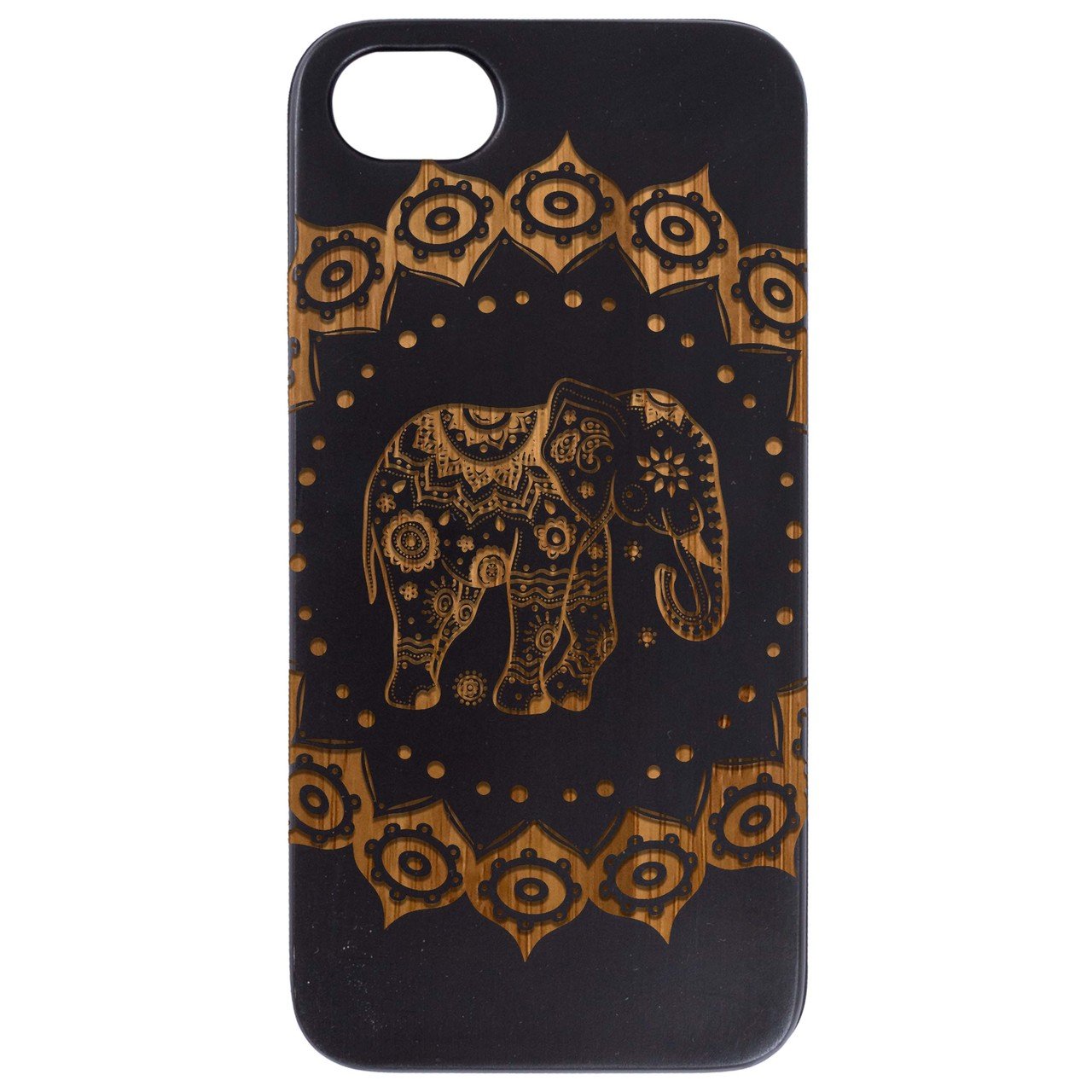 Elephant Mandala 1 - Engraved wooden phone case showcasing intricate design and durable construction.