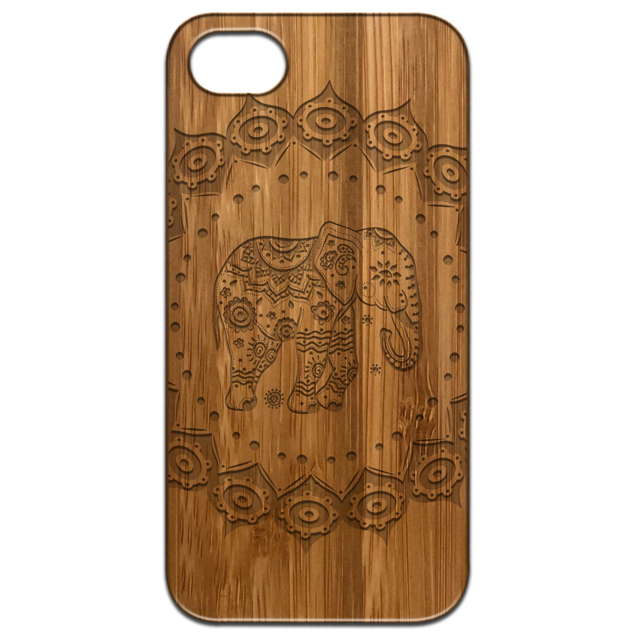 Elephant Mandala 1 - Engraved wooden phone case showcasing intricate design and durable construction.