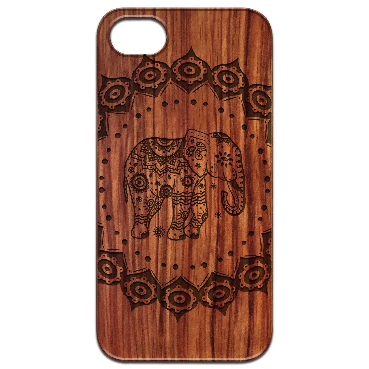 Elephant Mandala 1 - Engraved wooden phone case showcasing intricate design and durable construction.