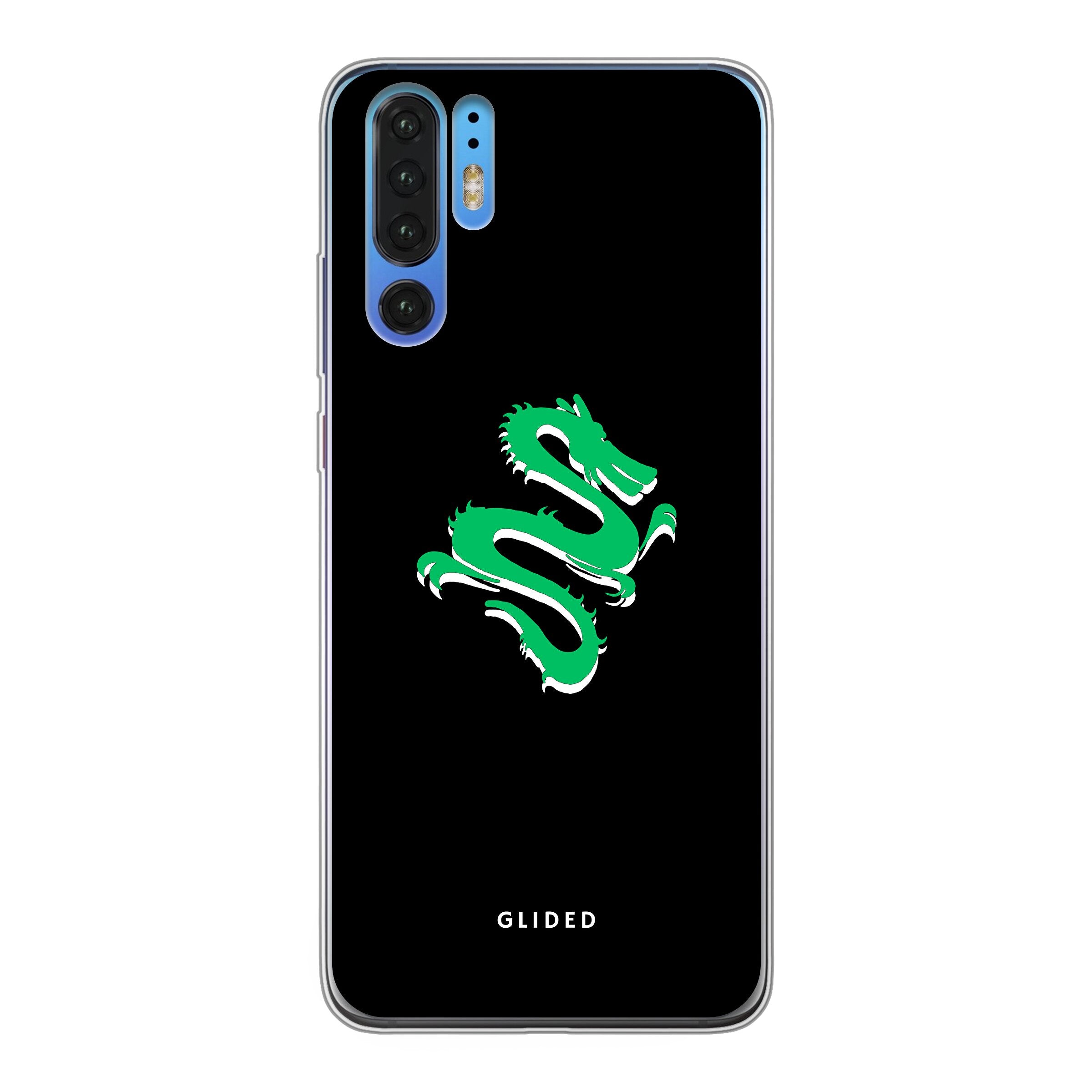 Die 'Emerald Dragon' Handyhülle für Huawei P30 Pro mit einem majestätischen grünen Drachen-Design, das Stärke und Mythologie verkörpert.