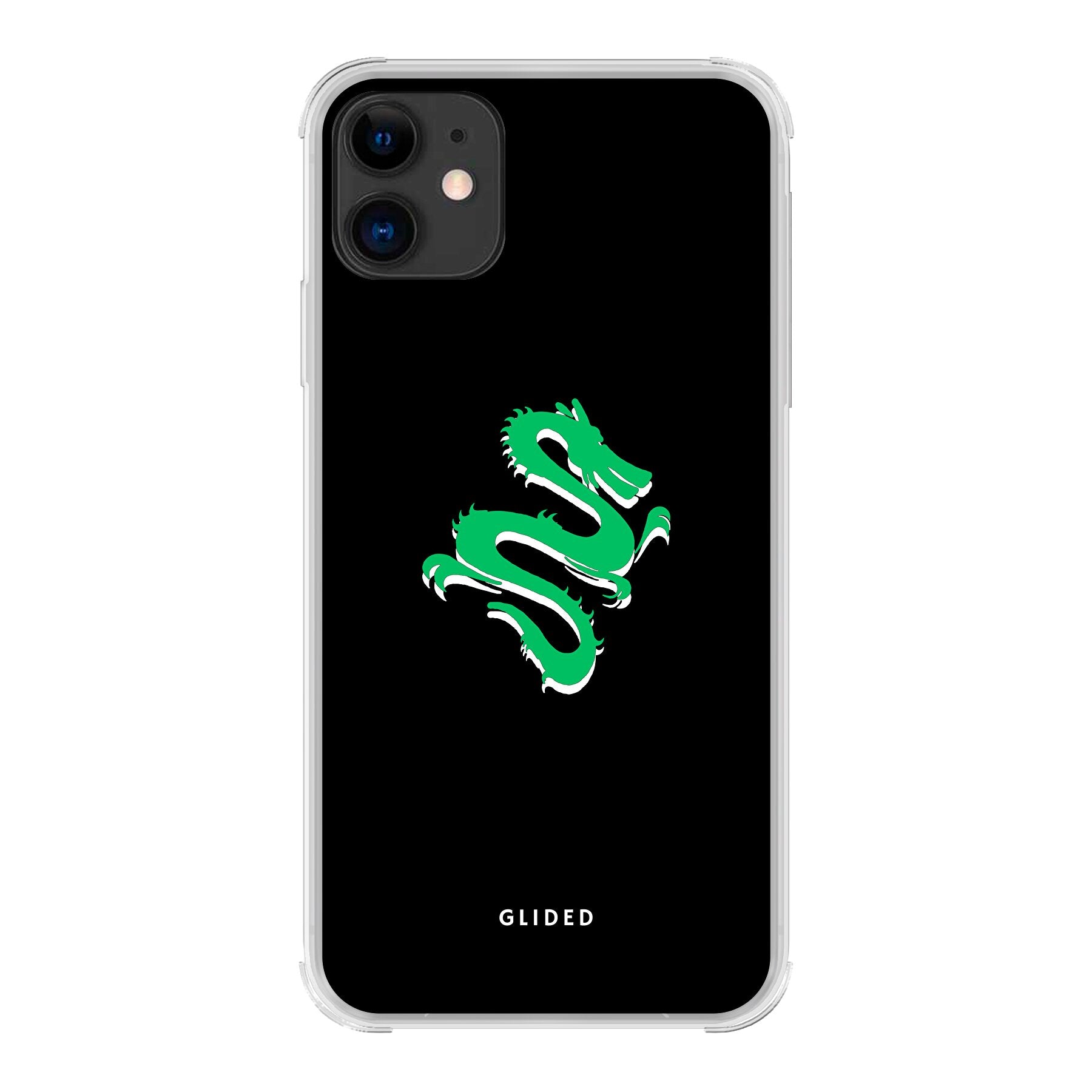 Die 'Emerald Dragon' iPhone 11 Handyhülle mit einem majestätischen grünen Drachen-Design, das Stärke und Eleganz ausstrahlt.