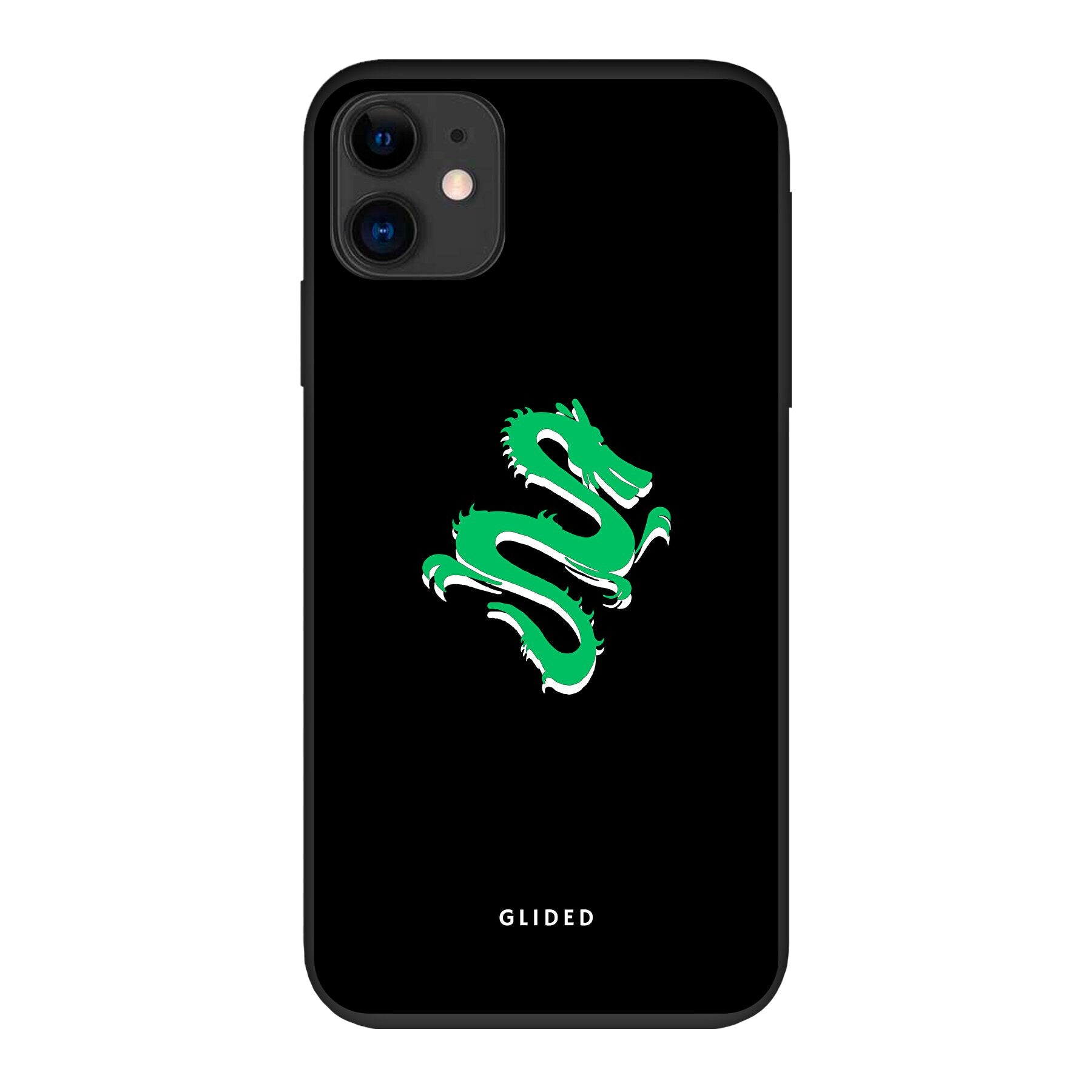 Die 'Emerald Dragon' iPhone 11 Handyhülle mit einem majestätischen grünen Drachen-Design, das Stärke und Eleganz ausstrahlt.