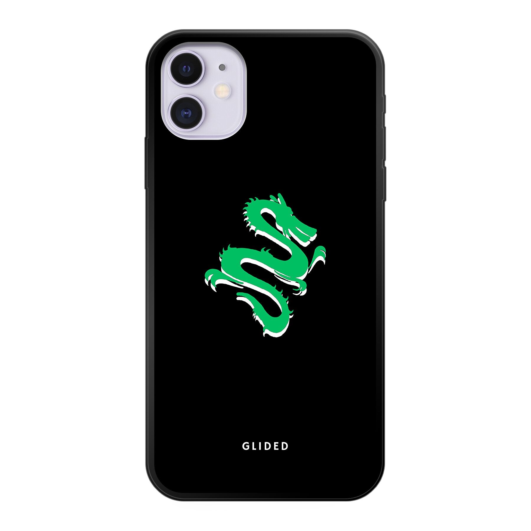 Die 'Emerald Dragon' iPhone 11 Handyhülle mit einem majestätischen grünen Drachen-Design, das Stärke und Eleganz ausstrahlt.