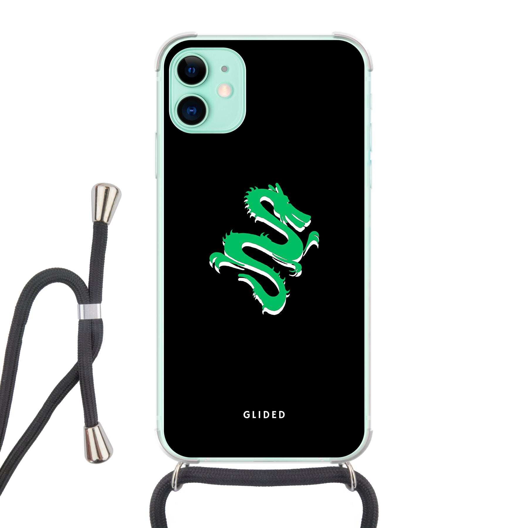 Die 'Emerald Dragon' iPhone 11 Handyhülle mit einem majestätischen grünen Drachen-Design, das Stärke und Eleganz ausstrahlt.