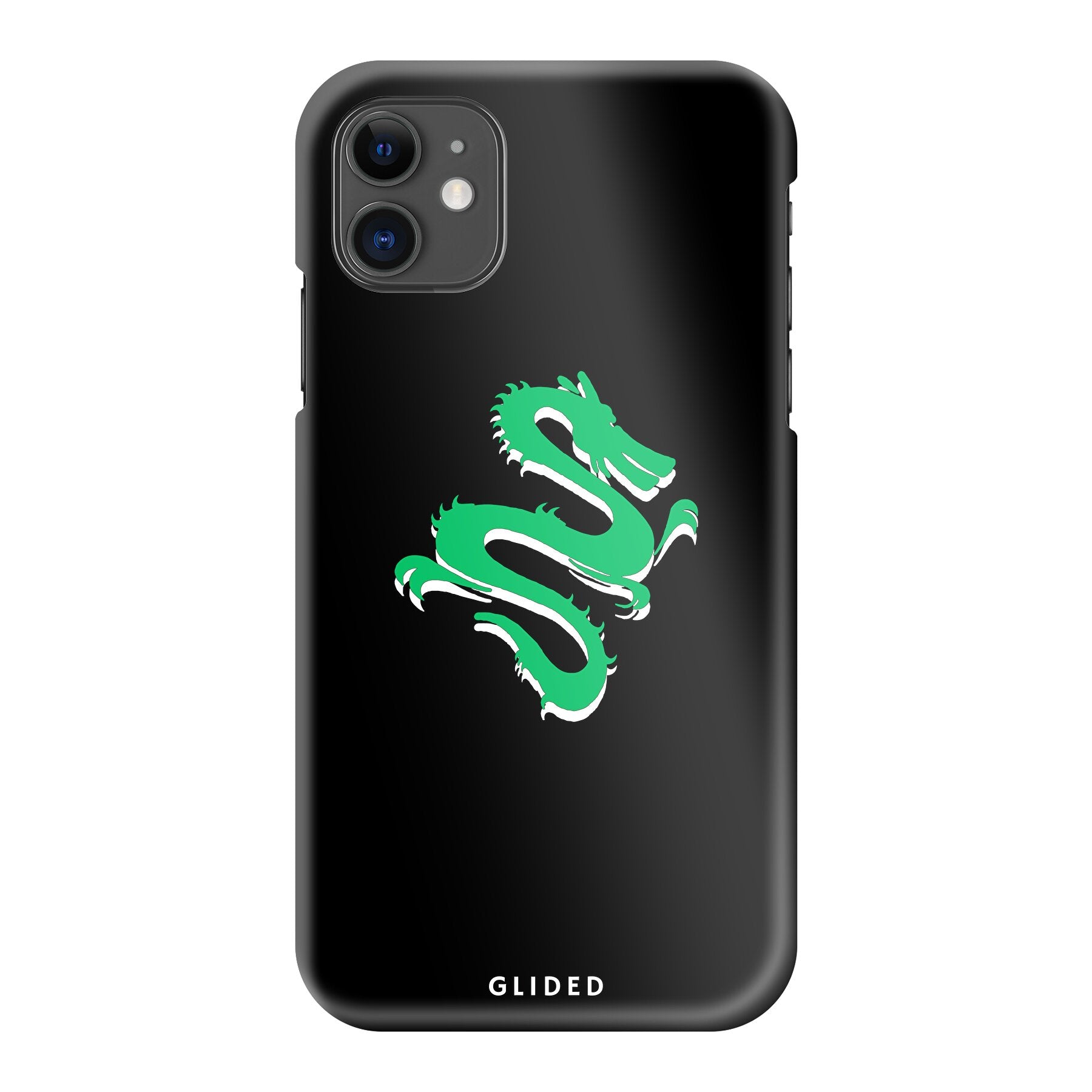 Die 'Emerald Dragon' iPhone 11 Handyhülle mit einem majestätischen grünen Drachen-Design, das Stärke und Eleganz ausstrahlt.