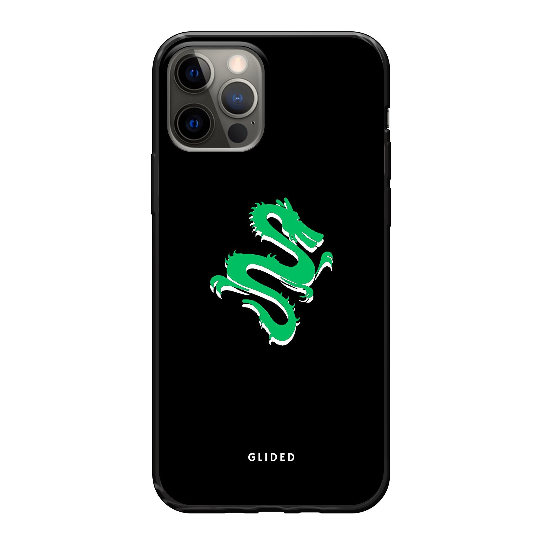 Die 'Emerald Dragon' Handyhülle für iPhone 12 zeigt einen majestätischen grünen Drachen auf einem kunstvollen Hintergrund, ideal für Drachenliebhaber.