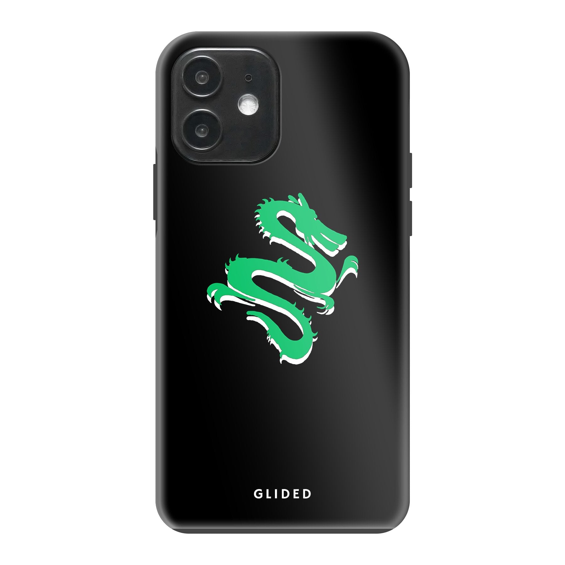 Die 'Emerald Dragon' Handyhülle für iPhone 12 zeigt einen majestätischen grünen Drachen auf einem kunstvollen Hintergrund, ideal für Drachenliebhaber.