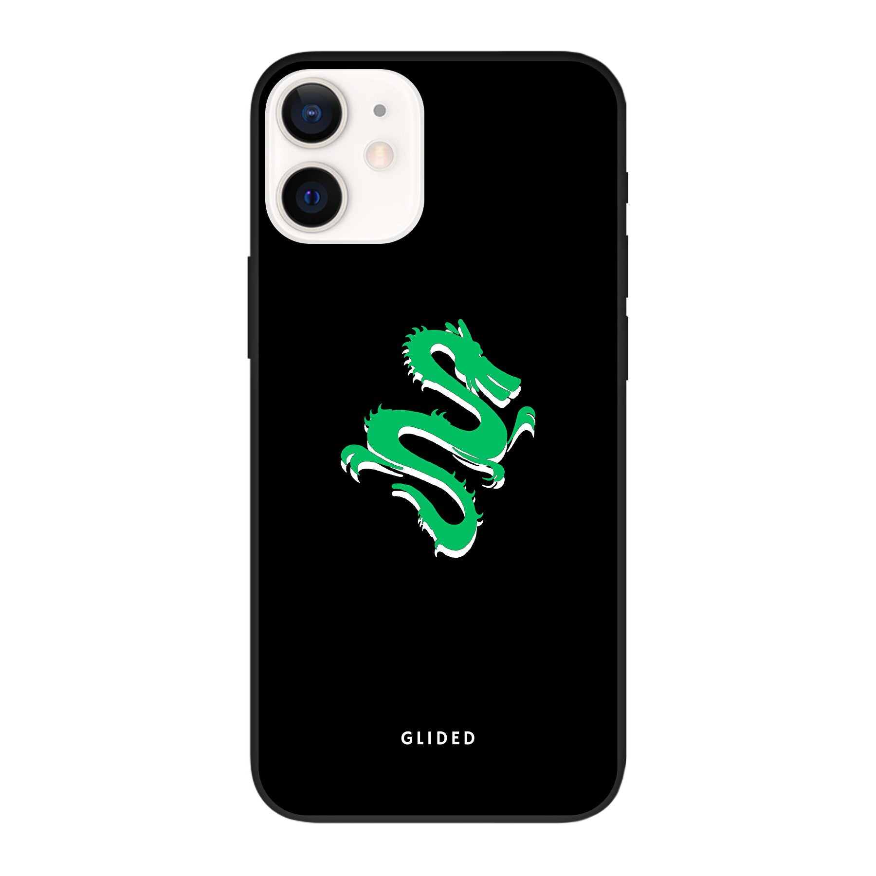 Die 'Emerald Dragon' Handyhülle für iPhone 12 zeigt einen majestätischen grünen Drachen auf einem kunstvollen Hintergrund, ideal für Drachenliebhaber.