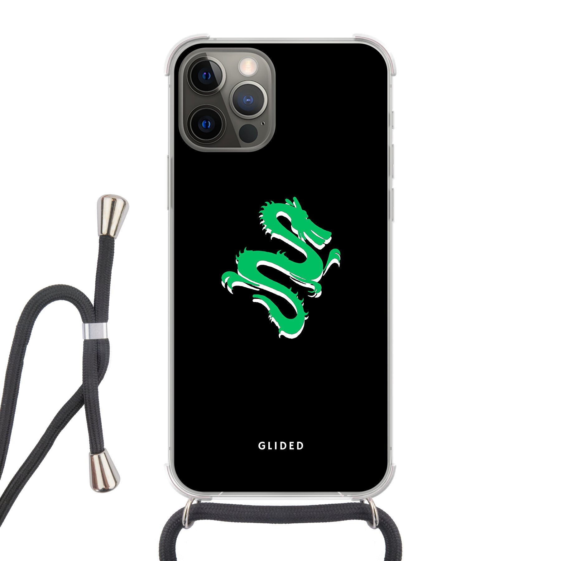 Die 'Emerald Dragon' Handyhülle für iPhone 12 zeigt einen majestätischen grünen Drachen auf einem kunstvollen Hintergrund, ideal für Drachenliebhaber.