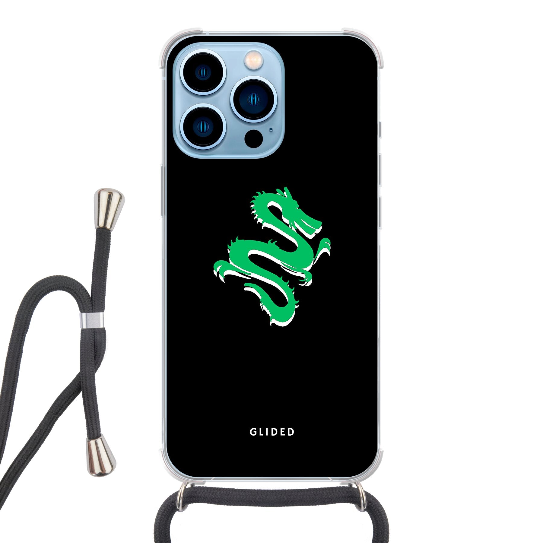 Die 'Emerald Dragon' Handyhülle für iPhone 13 Pro Max mit majestätischem grünem Drachen-Design, idealer Schutz und stilvolles Accessoire.