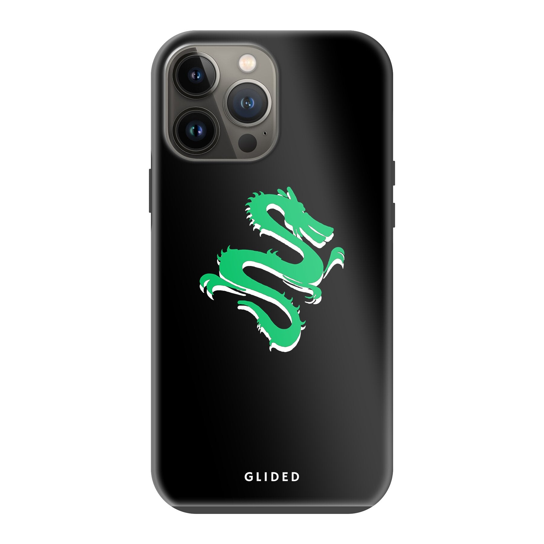 Die 'Emerald Dragon' Handyhülle für iPhone 13 Pro Max mit majestätischem grünem Drachen-Design, idealer Schutz und stilvolles Accessoire.