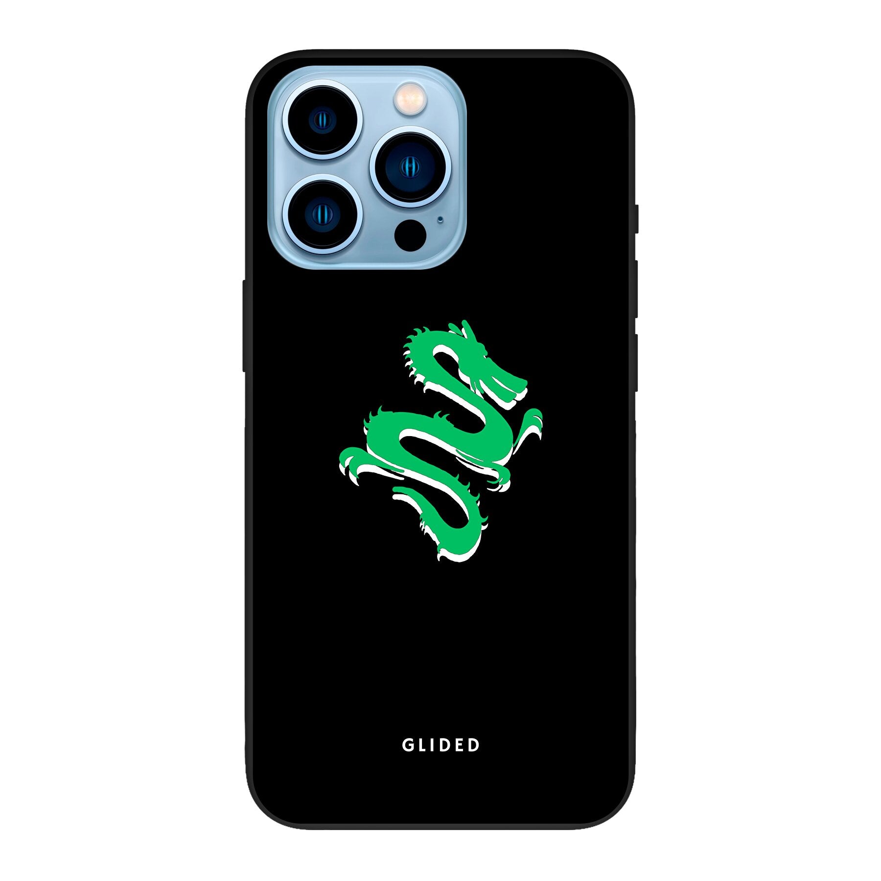 Die 'Emerald Dragon' Handyhülle für iPhone 13 Pro Max mit majestätischem grünem Drachen-Design, idealer Schutz und stilvolles Accessoire.