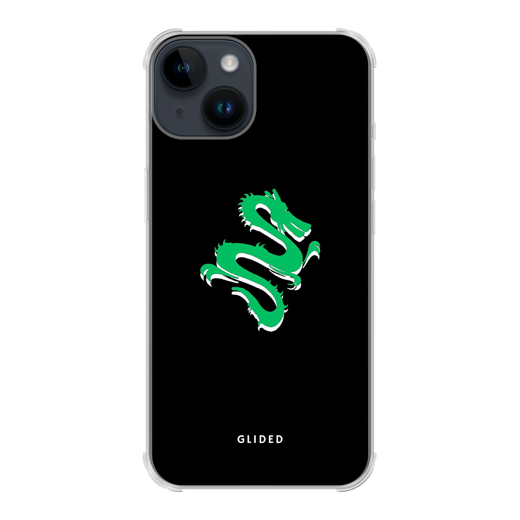 Die 'Emerald Dragon' iPhone 14 Handyhülle zeigt einen majestätischen grünen Drachen auf einem kunstvollen Hintergrund, ideal für Drachenliebhaber.