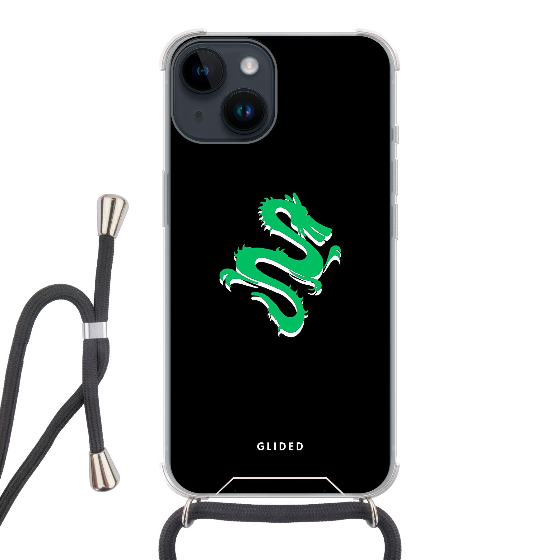 Die 'Emerald Dragon' iPhone 14 Handyhülle zeigt einen majestätischen grünen Drachen auf einem kunstvollen Hintergrund, ideal für Drachenliebhaber.