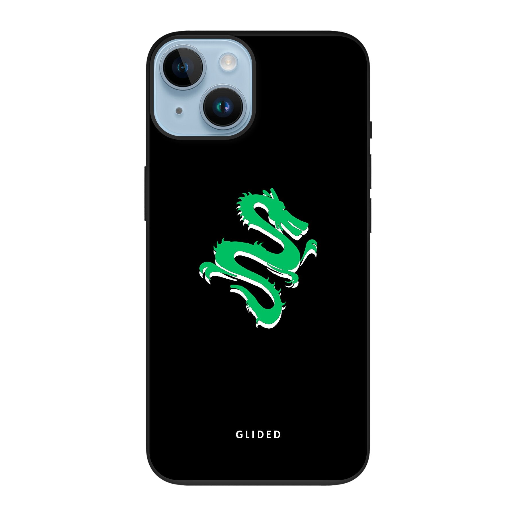 Die 'Emerald Dragon' iPhone 14 Handyhülle zeigt einen majestätischen grünen Drachen auf einem kunstvollen Hintergrund, ideal für Drachenliebhaber.