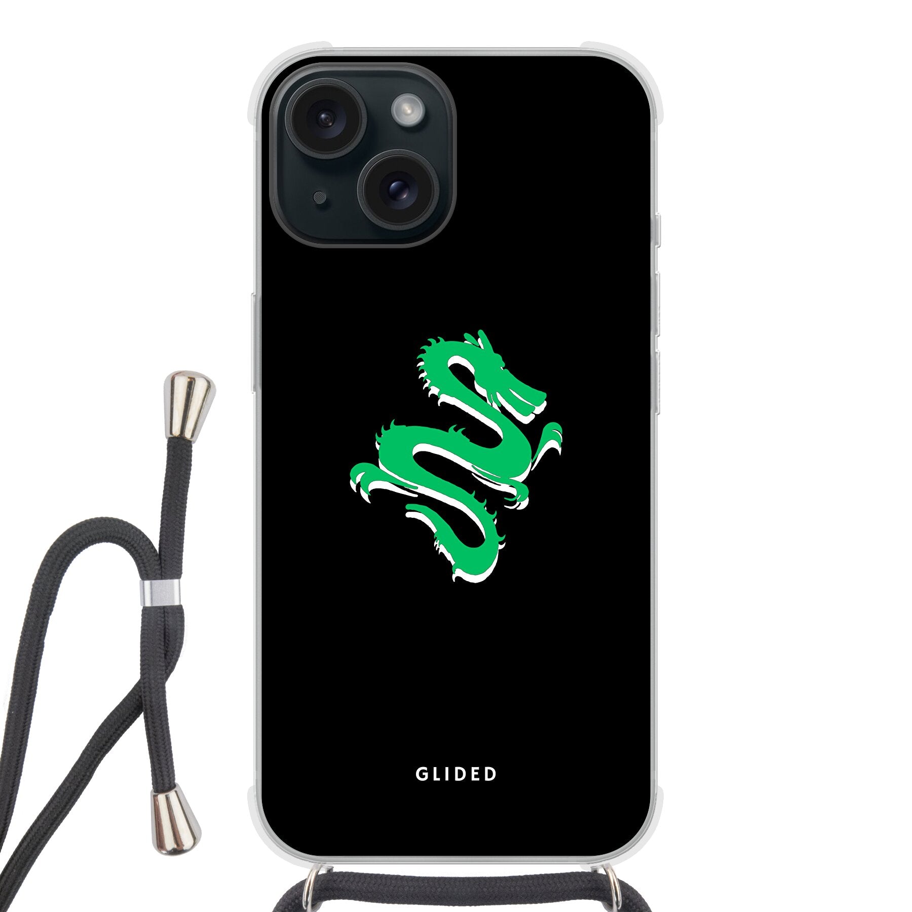 Die 'Emerald Dragon' Handyhülle für iPhone 15 mit einem majestätischen grünen Drachen-Design, das Stärke und Mystik ausstrahlt.