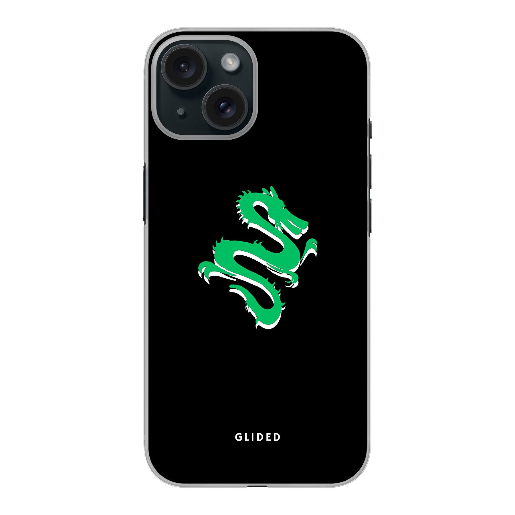 Die 'Emerald Dragon' Handyhülle für iPhone 15 mit einem majestätischen grünen Drachen-Design, das Stärke und Mystik ausstrahlt.