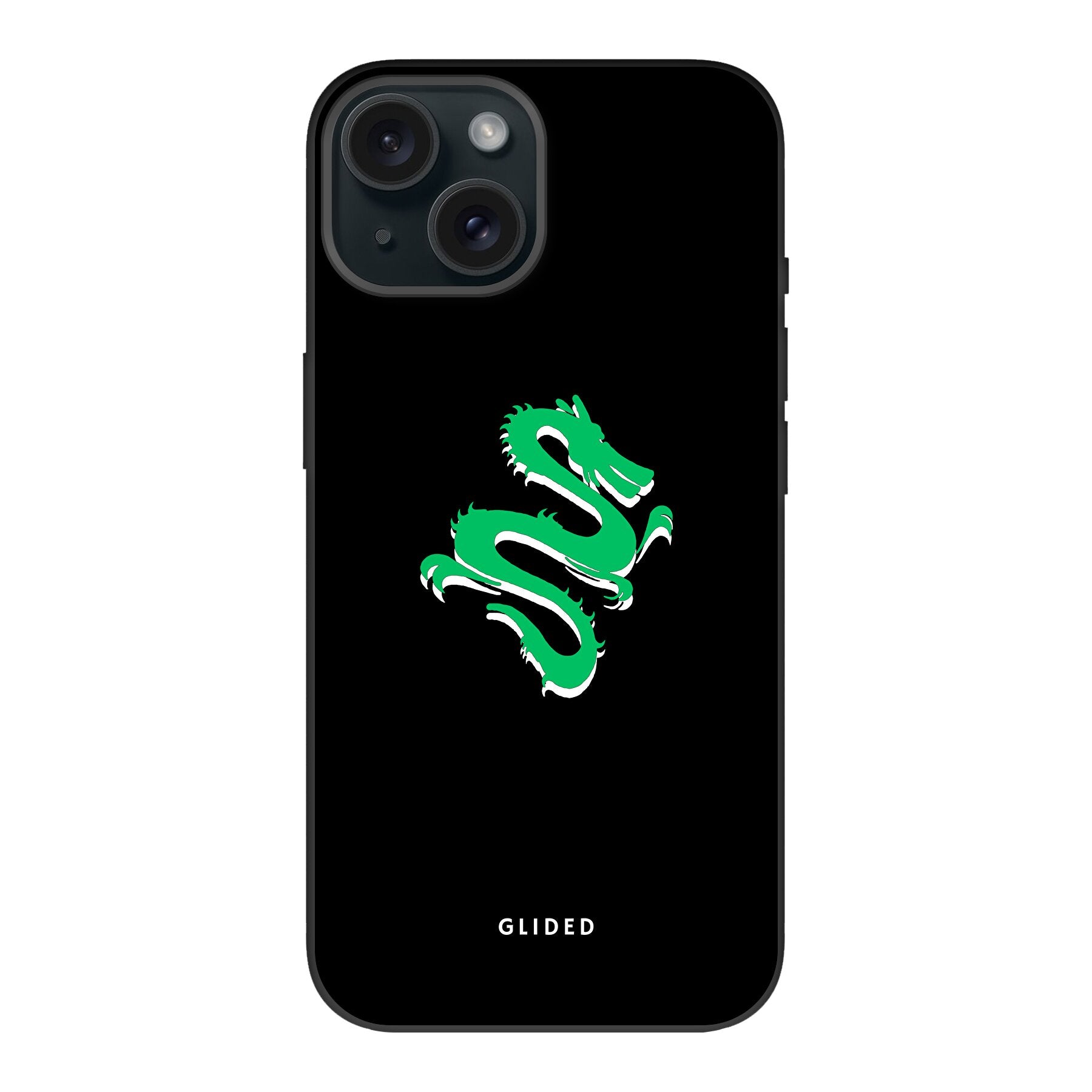 Die 'Emerald Dragon' Handyhülle für iPhone 15 mit einem majestätischen grünen Drachen-Design, das Stärke und Mystik ausstrahlt.