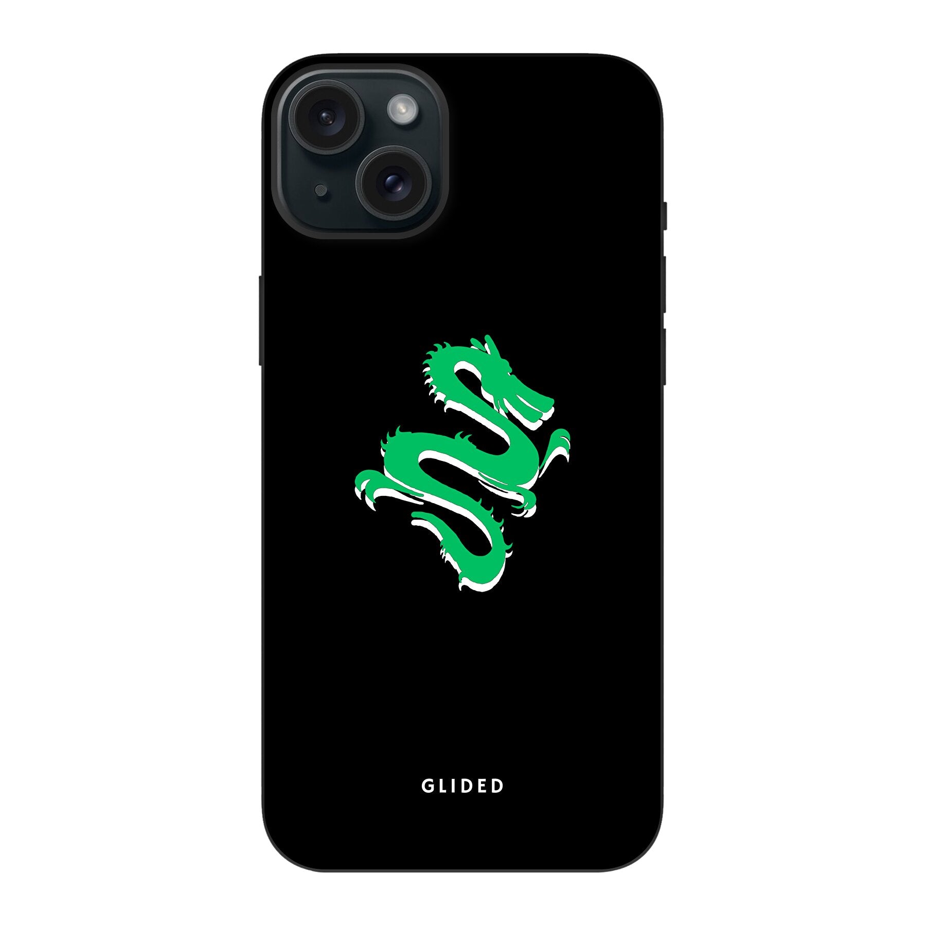 Emerald Dragon Handyhülle für iPhone 15 Plus mit majestätischem grünem Drachen-Design, idealer Schutz und stilvolle Ästhetik.