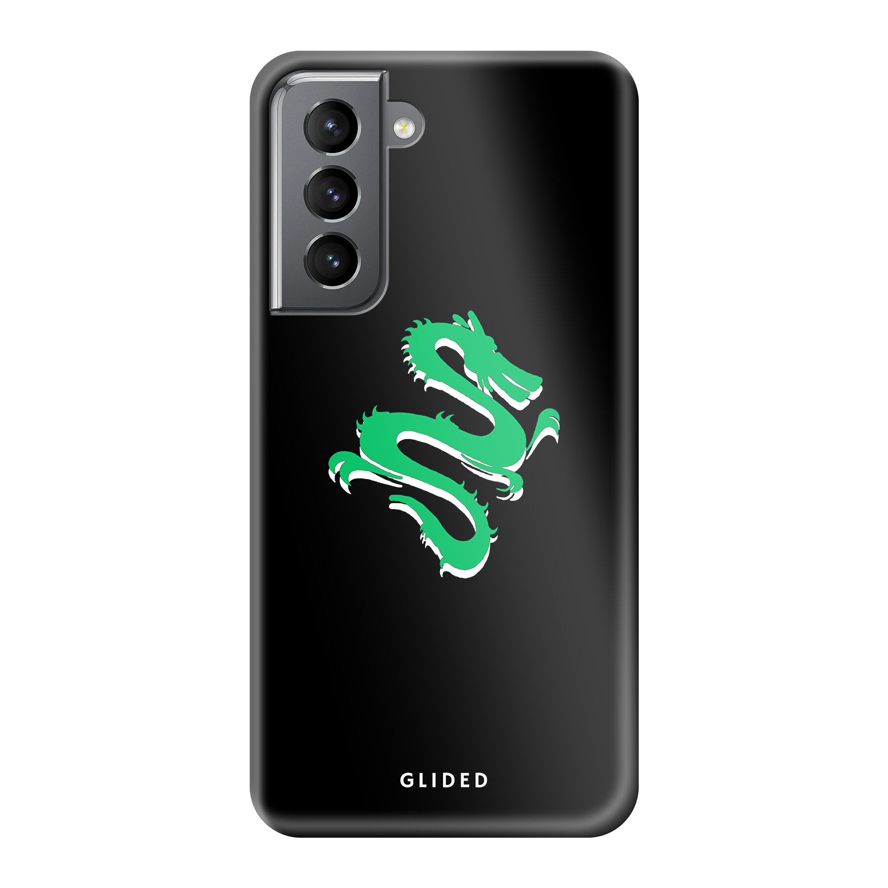 Die 'Emerald Dragon' Handyhülle für Samsung Galaxy S21 5G mit majestätischem grünem Drachen-Design, idealer Schutz und stilvolle Ästhetik.